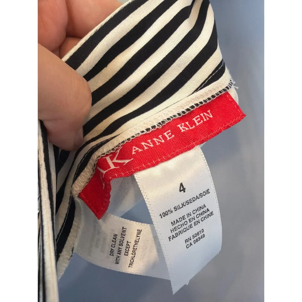 Anne Klein Silk Striped Midi Skirt Black White Bias-Cut Size 4